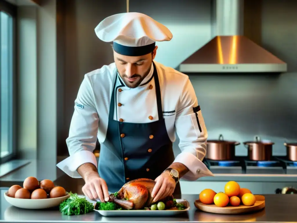 Un chef francés experto preparando un clásico plato de coq au vin en una cocina moderna