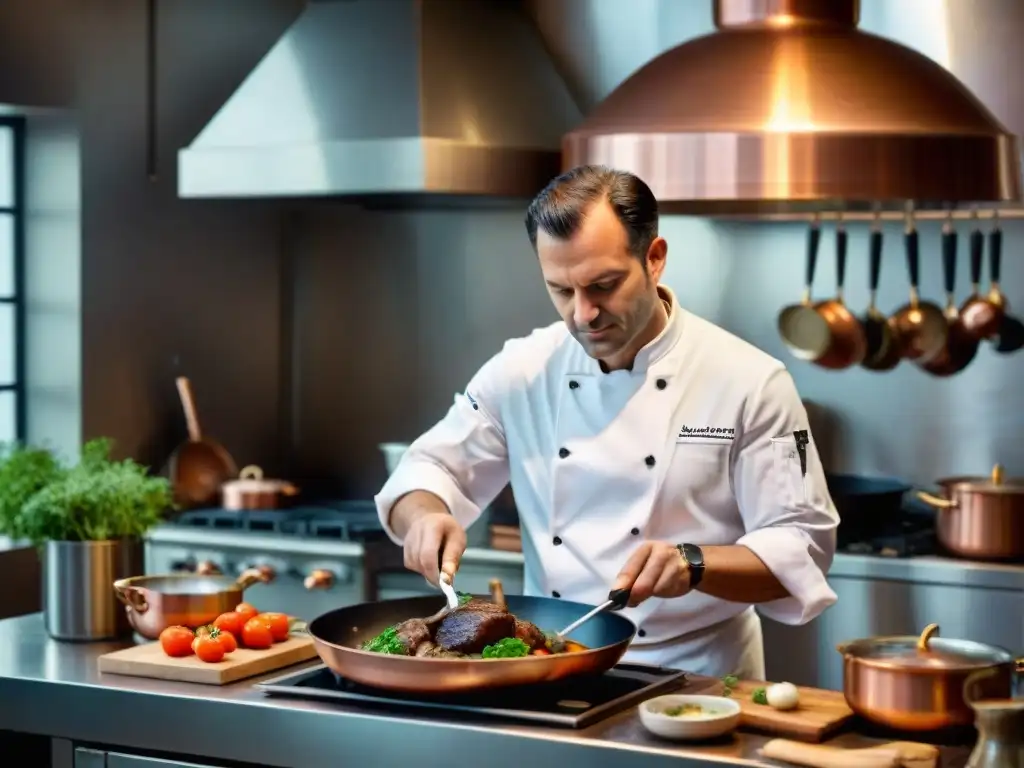 Un chef francés experto en cocina tradicional preparando Coq au Vin