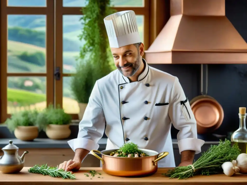 Un chef francés experto en cocina tradicional Provencal usando hierbas frescas en un exquisito Coq au Vin