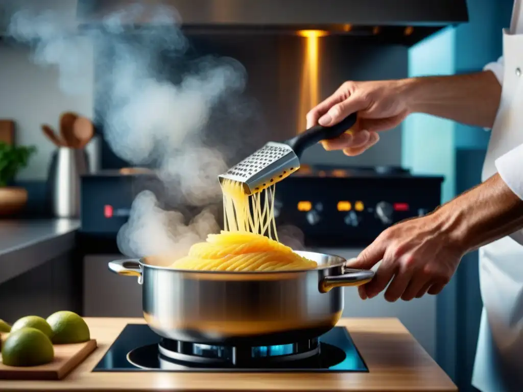 Un chef francés experto en cocina moderna rallando raíz de jengibre fresco en una cazuela vibrante, fusionando la cocina francesa con raíz de jengibre