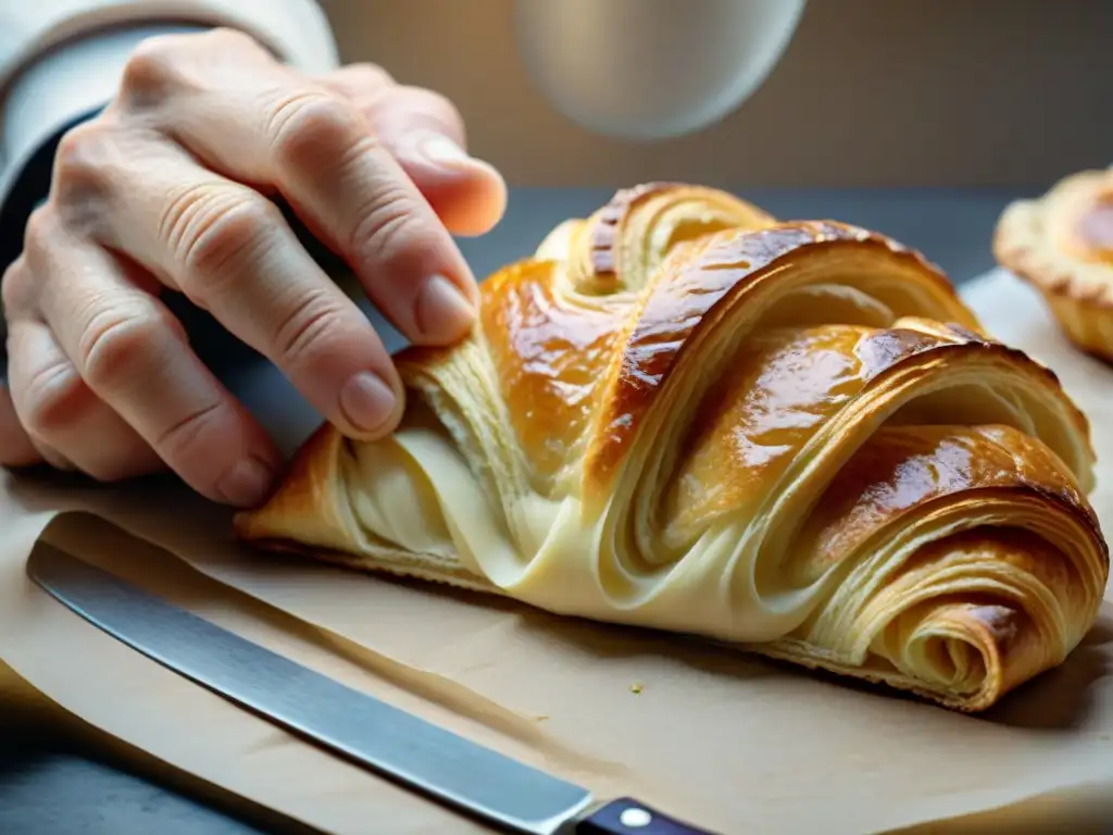 Un chef francés experto en cocina tradicional muestra su destreza al trabajar la masa de hojaldre en una cocina en Besançon