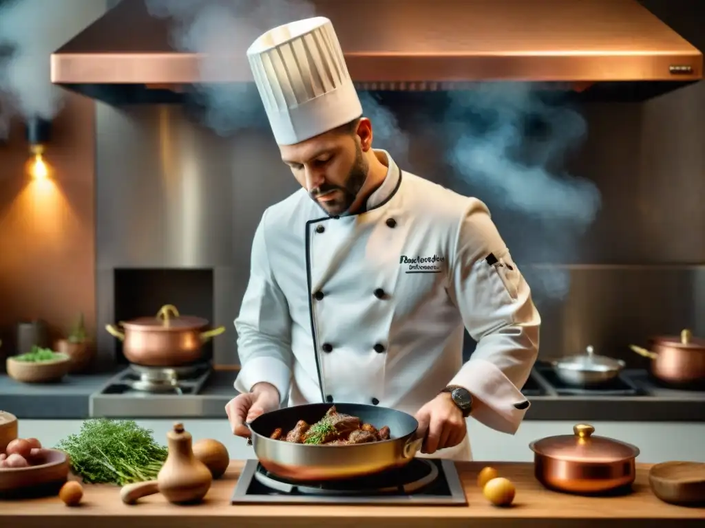 Un chef francés experto en cocina tradicional fileteando un Coq au Vin en una cocina francesa clásica con herramientas auténticas