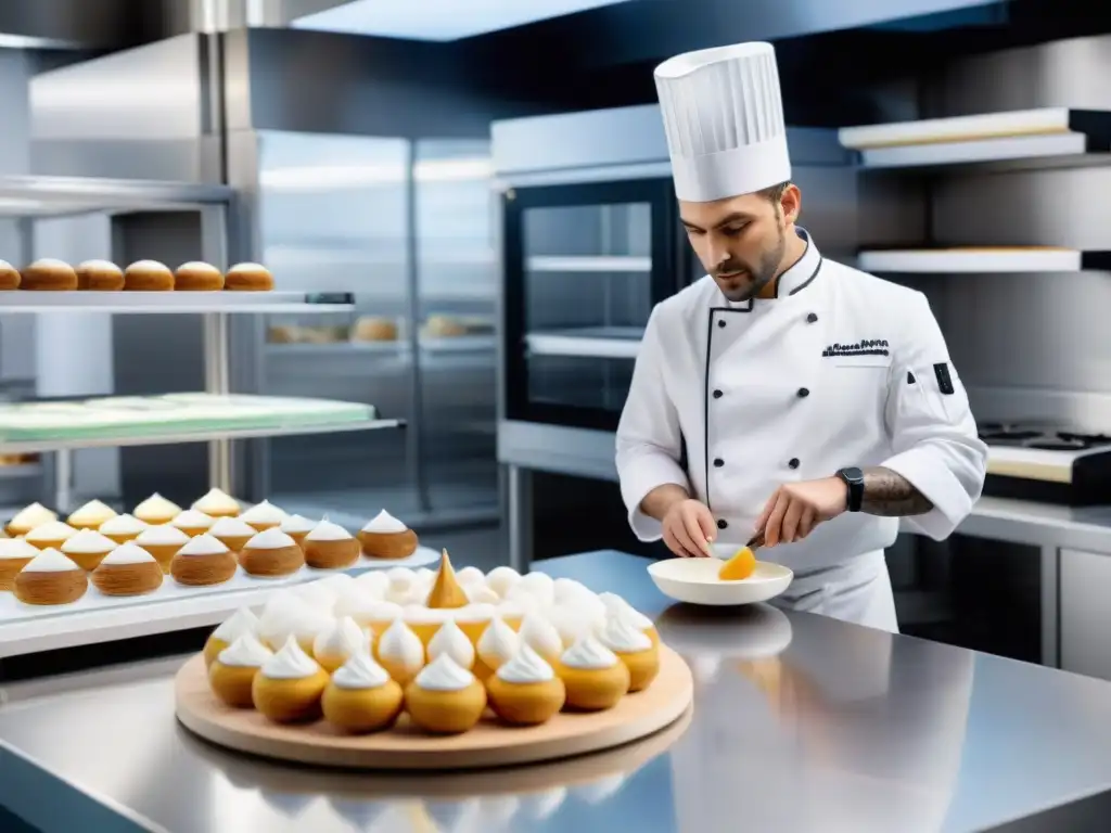 Un chef francés experto en una cocina de escuela culinaria moderna, utilizando una impresora 3D para crear pastelería francesa innovadora