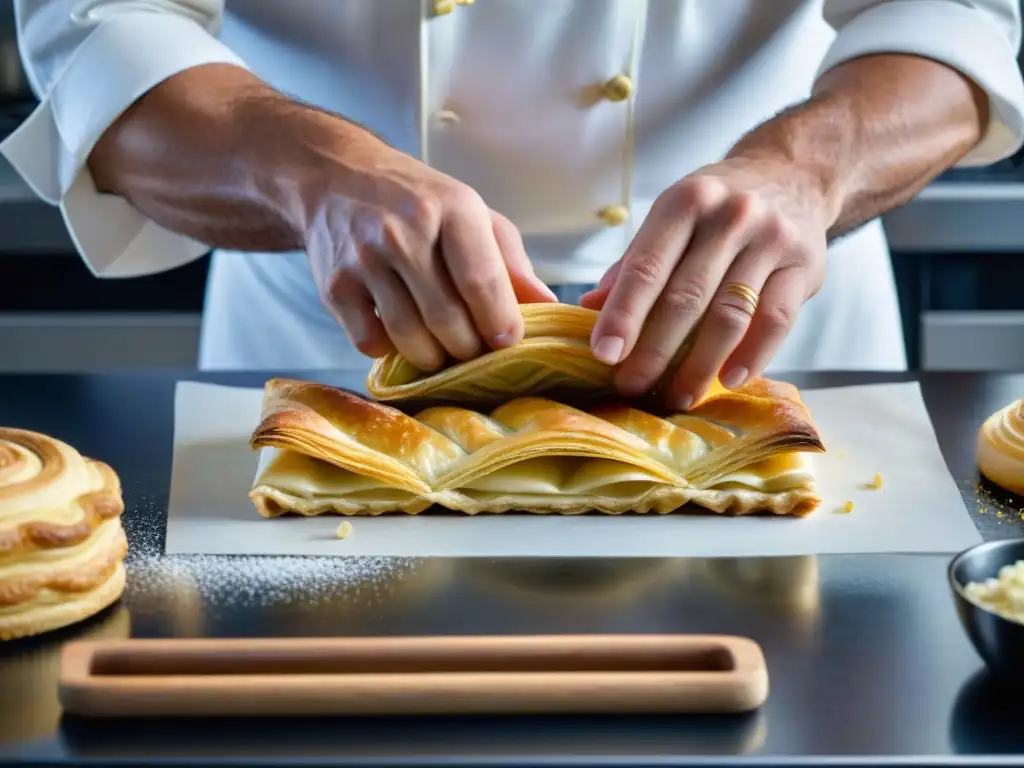 Un chef francés experto en cocina, detalladamente preparando un millefeuille