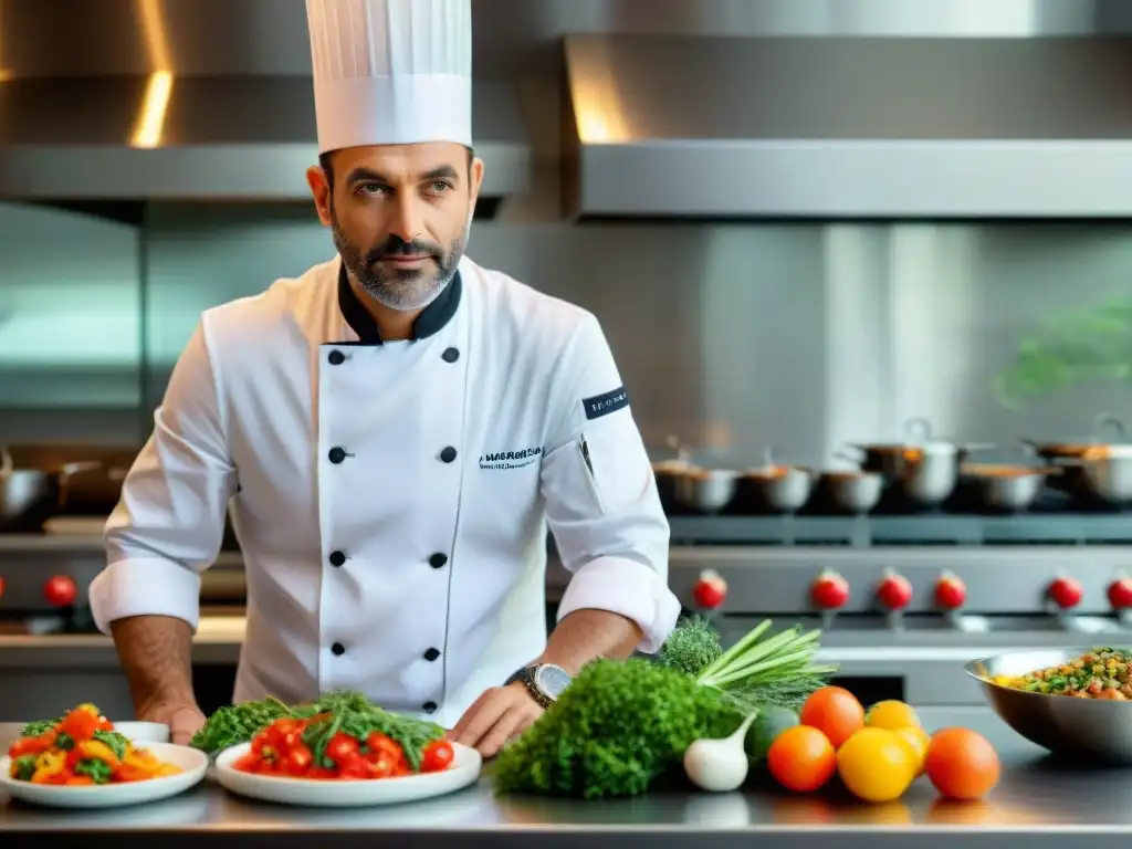 Un chef francés experto en una cocina de alta gama preparando un innovador plato de fusión mediterráneo-francés