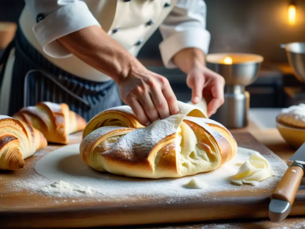 Un chef francés experto en fermentación en cocina francesa dobla la masa de croissants con destreza en una panadería tradicional francesa