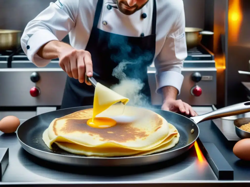 Un chef francés experto en cocina tradicional francesa voltea una crepe dorada en una sartén humeante