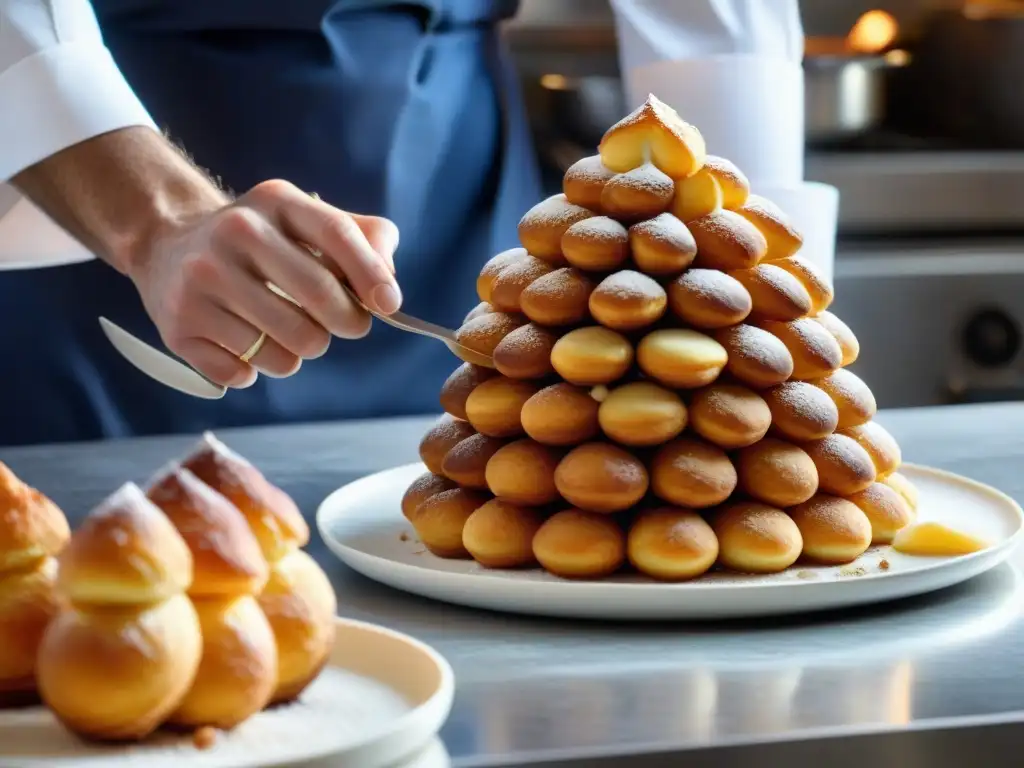 Un chef francés experto elaborando un croquembouche en una cocina parisina, mostrando la excelencia culinaria