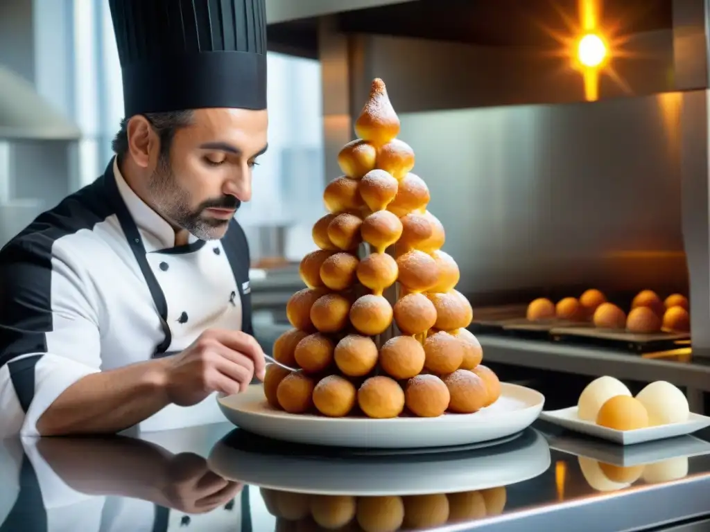 Un chef francés experto elaborando un croquembouche en una cocina parisina animada