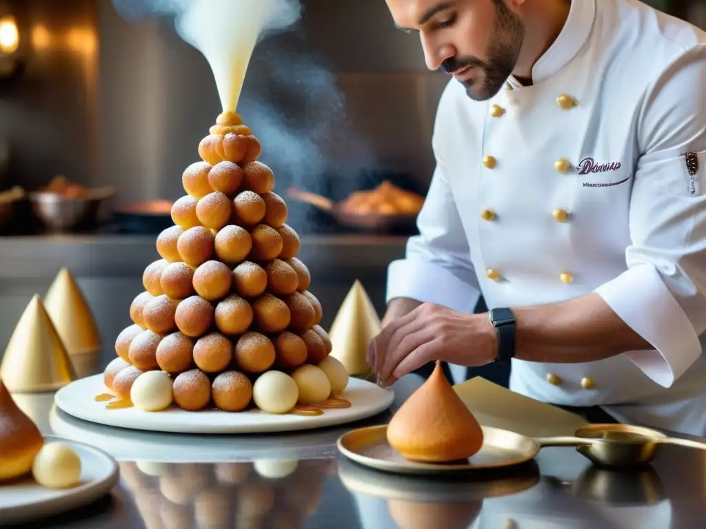 Un chef francés experto elabora un croquembouche en una cocina parisina