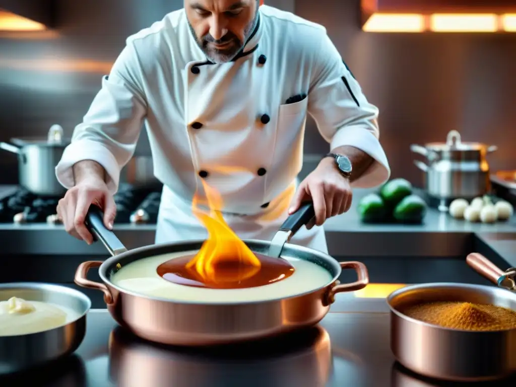 Un chef francés experto en su cocina, preparando una salsa bechamel con destreza