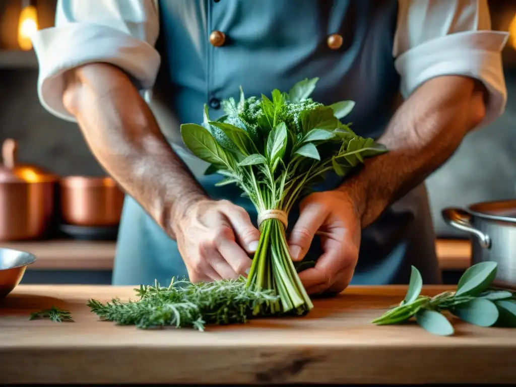 Un chef francés experto en la cocina tradicional, atando un bouquet garni con hierbas frescas, en una cocina rústica con ollas de cobre vintage