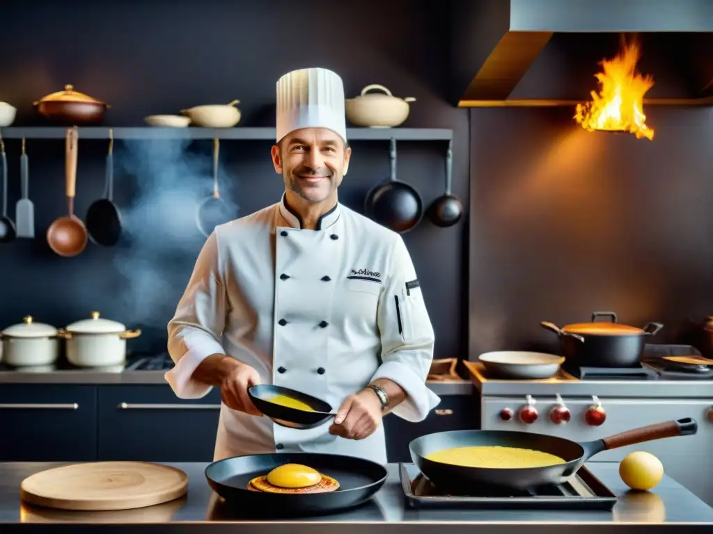 Un chef francés experto en una cocina tradicional francesa, orgulloso junto a sartenes de hierro fundido bien sazonadas