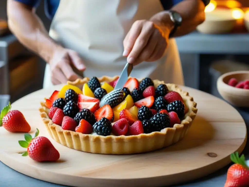 Un chef francés experto crea una colorida tarta de frutas con frutas y verduras regionales francesas en un mercado de Provence