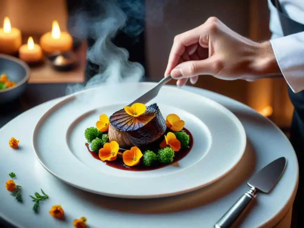 Un chef francés experto coloca con precisión flores comestibles en un plato de Coq au Vin, en una cocina elegante francesa