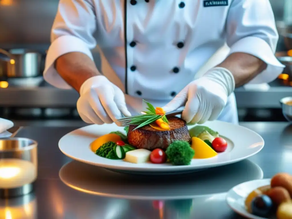 Un chef francés experto en Consejos presentación cocina francesa arregla con esmero un plato exquisito