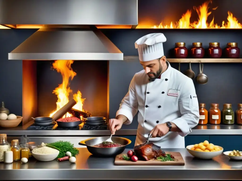 Un chef francés experto flambeando Coq au Vin en una cocina parisina