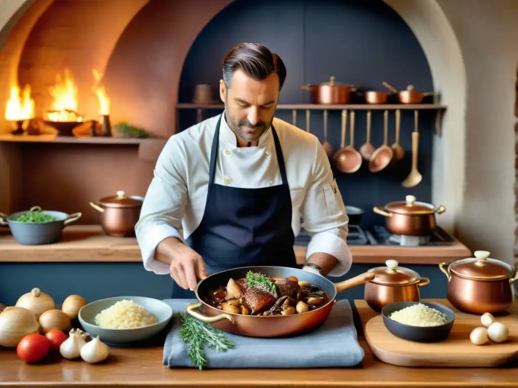 Un chef francés experto prepara Coq au Vin en una cocina tradicional, resaltando recetas tradicionales gastronomía francesa