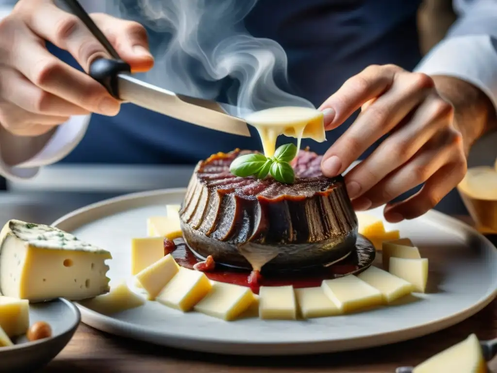 Un chef francés experto preparando un Coq au Vin con influencia de quesos franceses en una bulliciosa cocina profesional