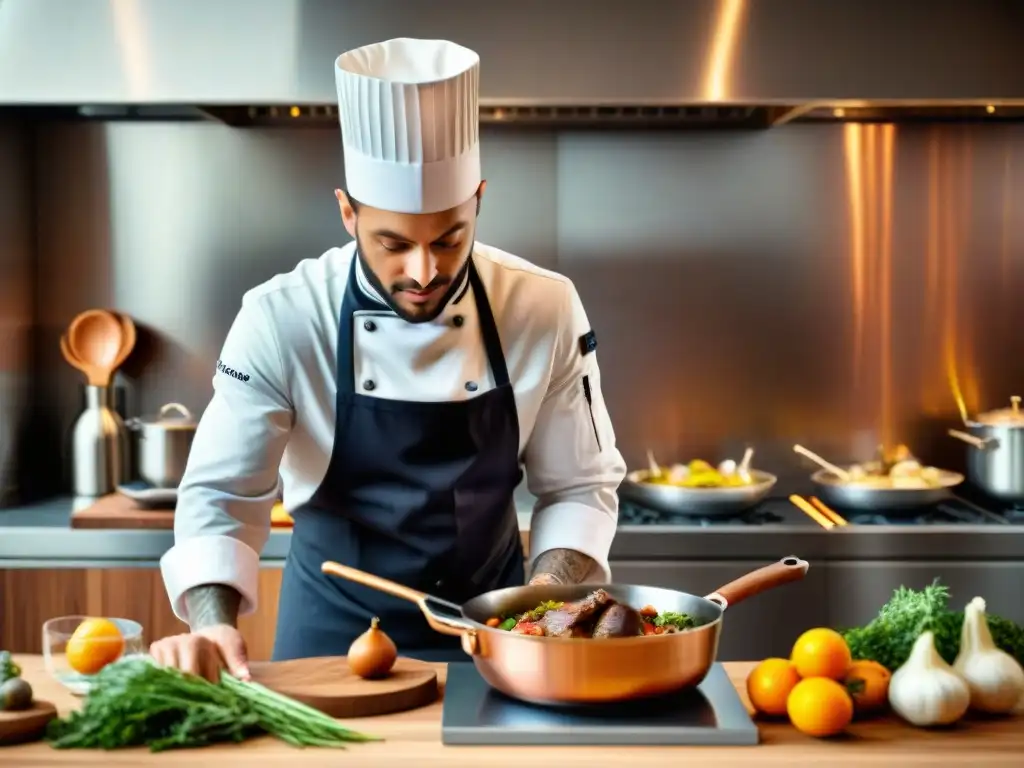 Un chef francés experto prepara un Coq au Vin en una cocina moderna, fusionando técnicas tradicionales con herramientas actuales