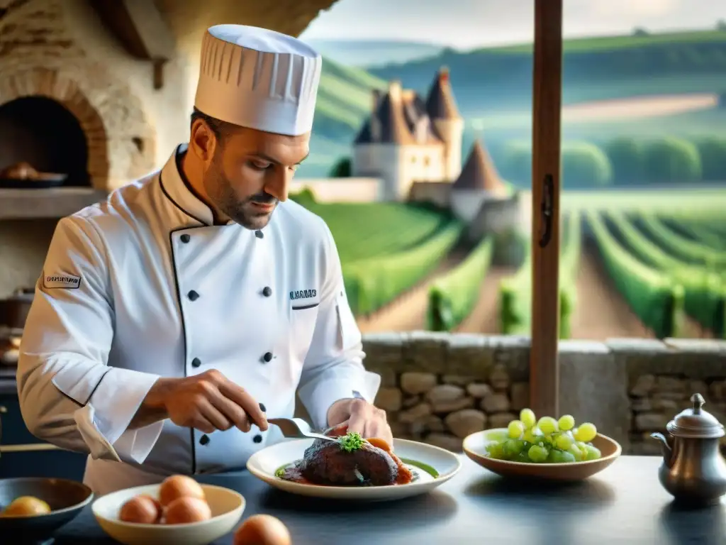 Un chef francés experto cocinando Coq au Vin en cocina campestre con vista a castillos y viñedos