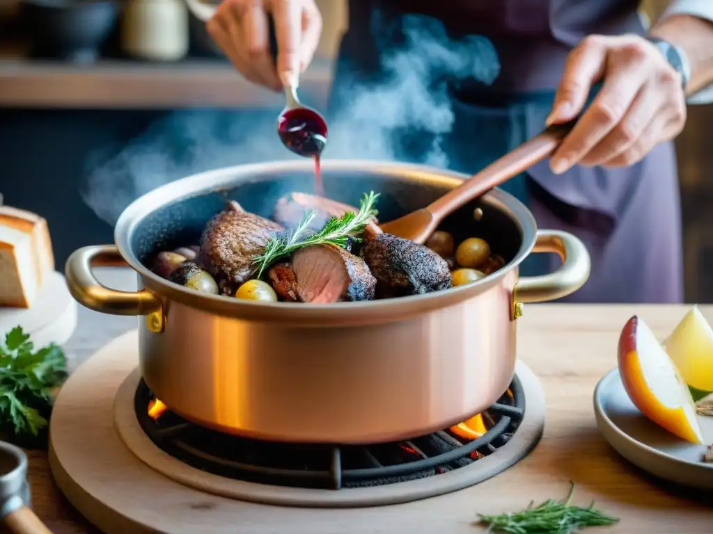 Un chef francés experto preparando Coq au Vin en una cocina rústica, mostrando Técnicas de cocina francesa avanzadas