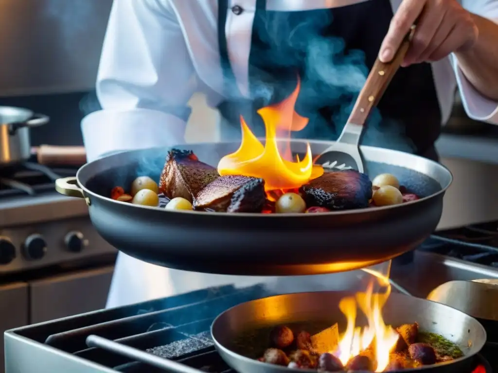 Chef francés experto flambando Coq au Vin, técnica del flambado en Francia