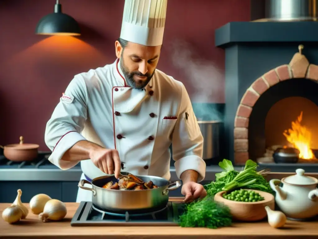 Un chef francés experto preparando Coq au Vin en una cocina encantadora