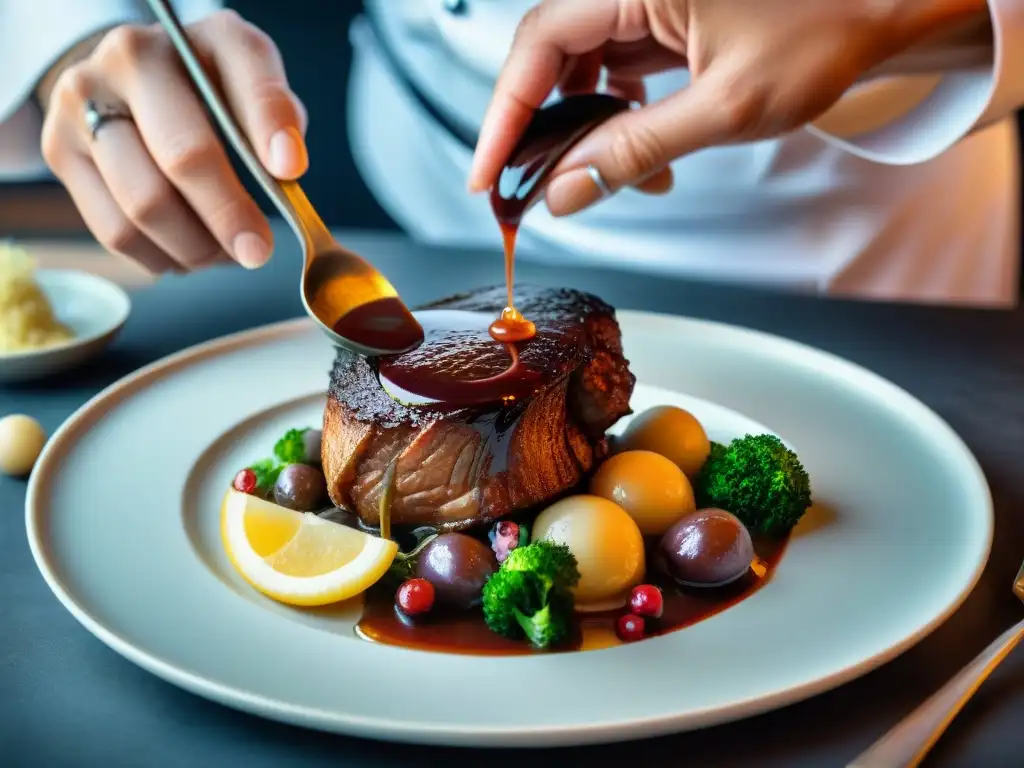 Un chef francés experto sirviendo Coq au Vin, mostrando la maestría de la gastronomía francesa