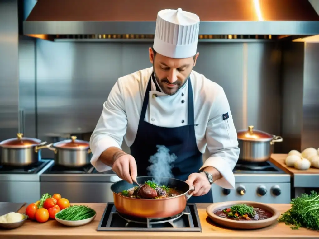 Un chef francés experto preparando Coq au Vin en una cocina parisina, con influencia global en la gastronomía