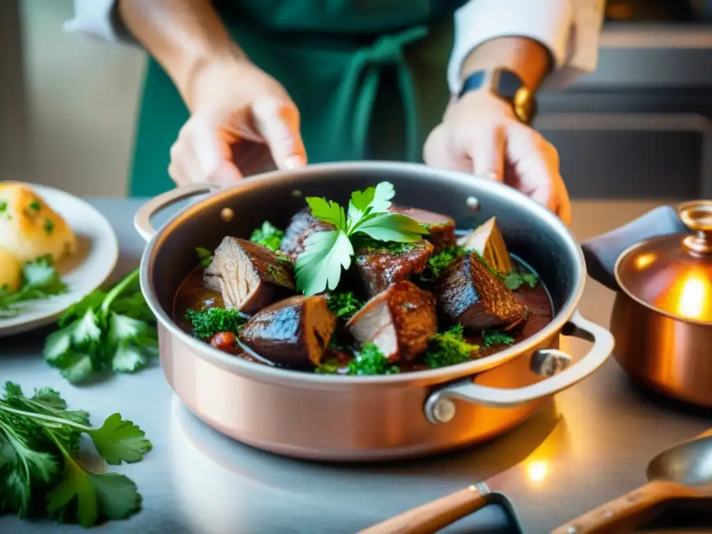 Un chef francés experto adorna un Coq au Vin con cilantro fresco, destacando la influencia del cilantro en Francia