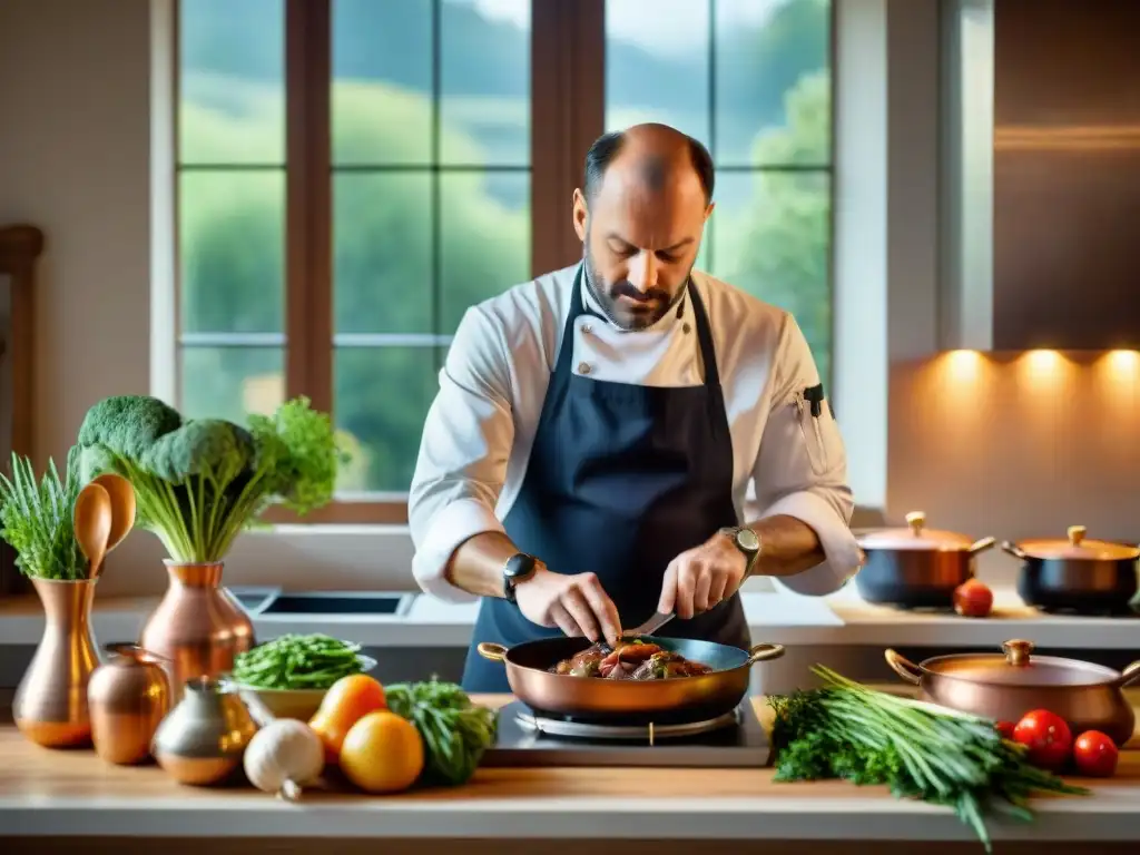 Un chef francés experto preparando Coq au Vin en una cocina tradicional