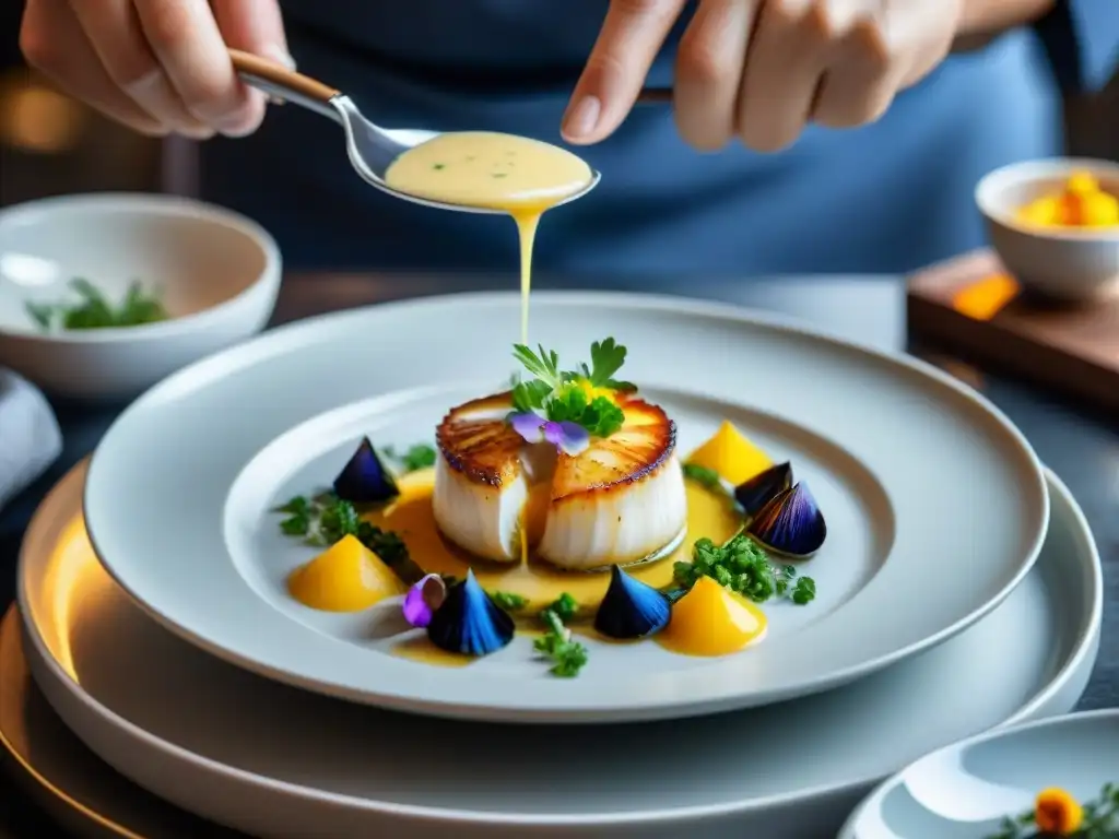 Un chef francés experto preparando Coquilles Saint-Jacques con vinos franceses para cocina gourmet