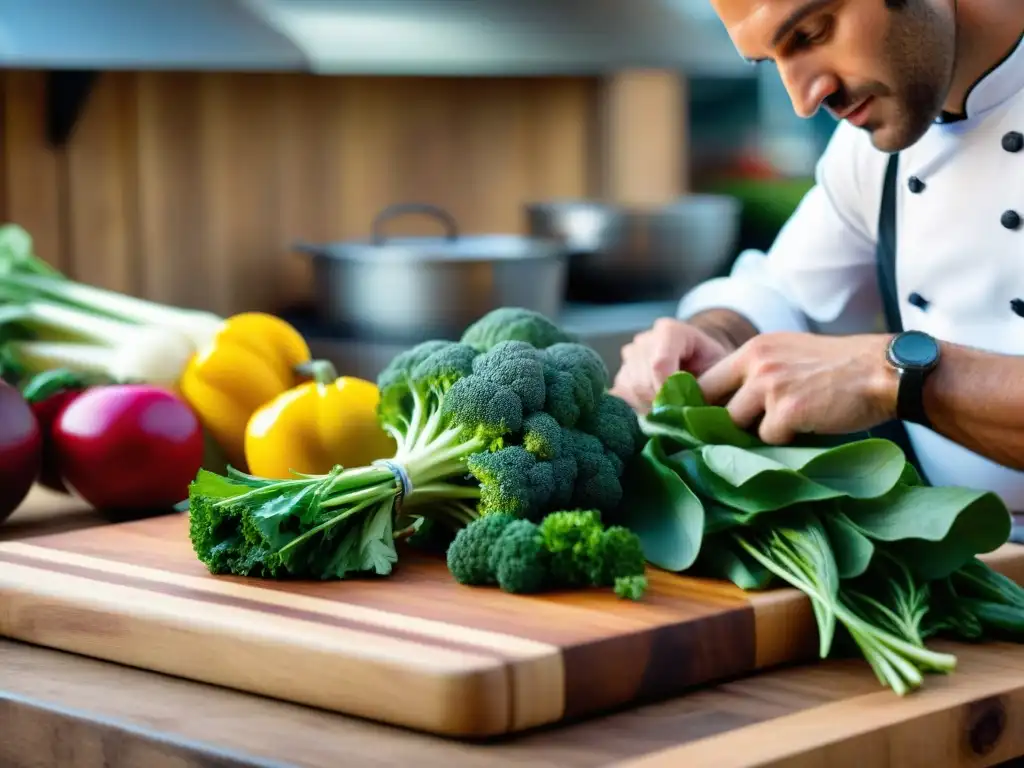 Un chef francés experto corta vegetales orgánicos en el Festival Gastronomía Orgánica Francia