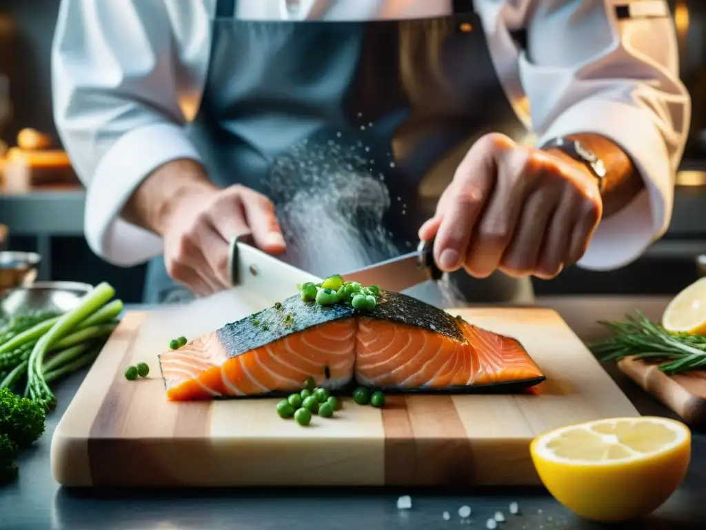 Un chef francés experto corta con precisión un salmón fresco, resaltando su maravilloso marmoleado para preparar un exquisito carpaccio de salmón