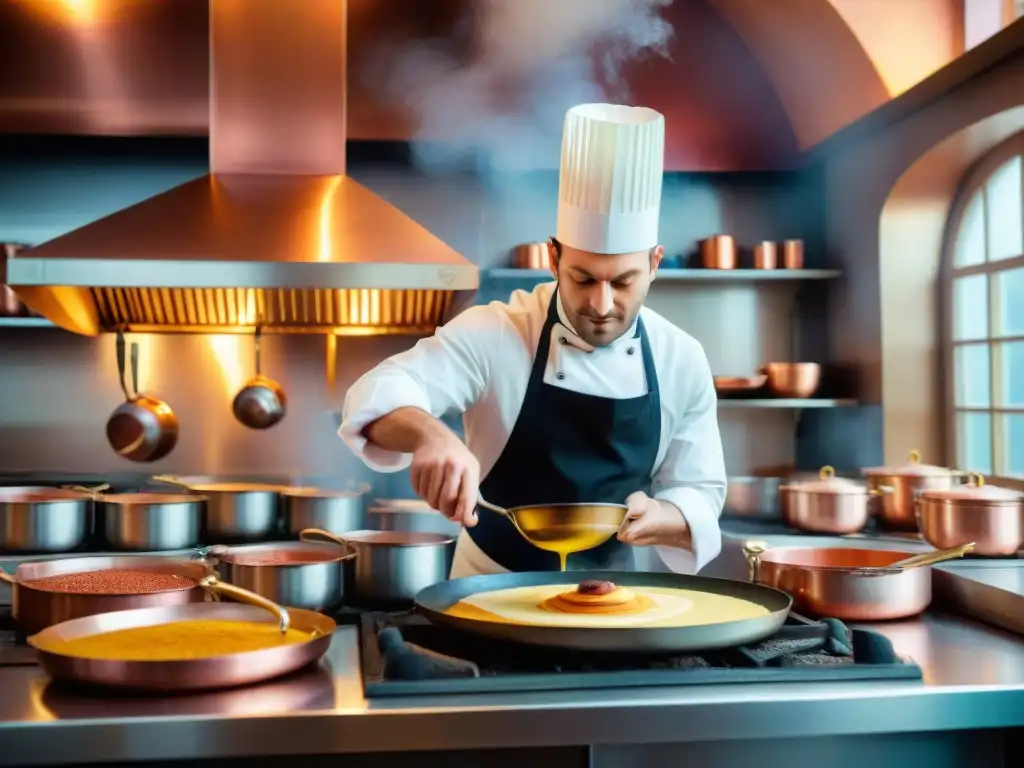 Un chef francés experto voltea una crepa en una cocina tradicional francesa