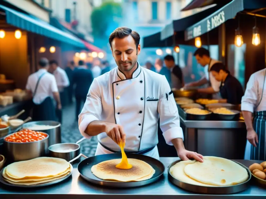 Un chef francés experto haciendo crepas en una crepera de alta gama en un mercado parisino vibrante