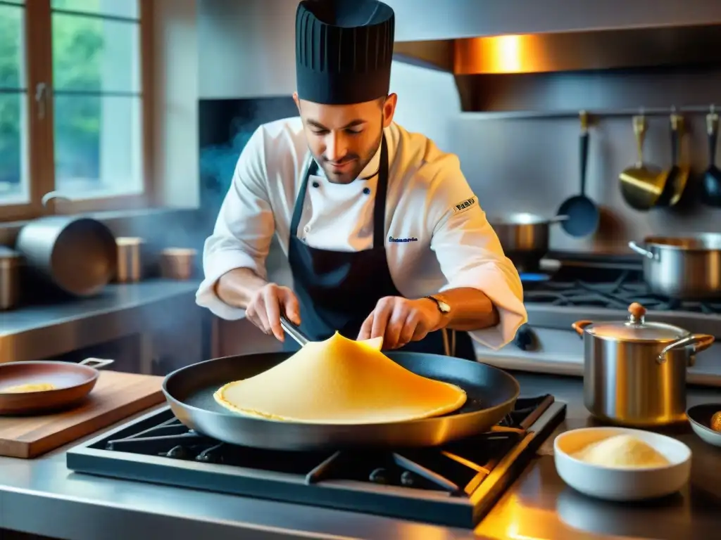 Un chef francés experto voltea una crepe dorada en una cocina tradicional