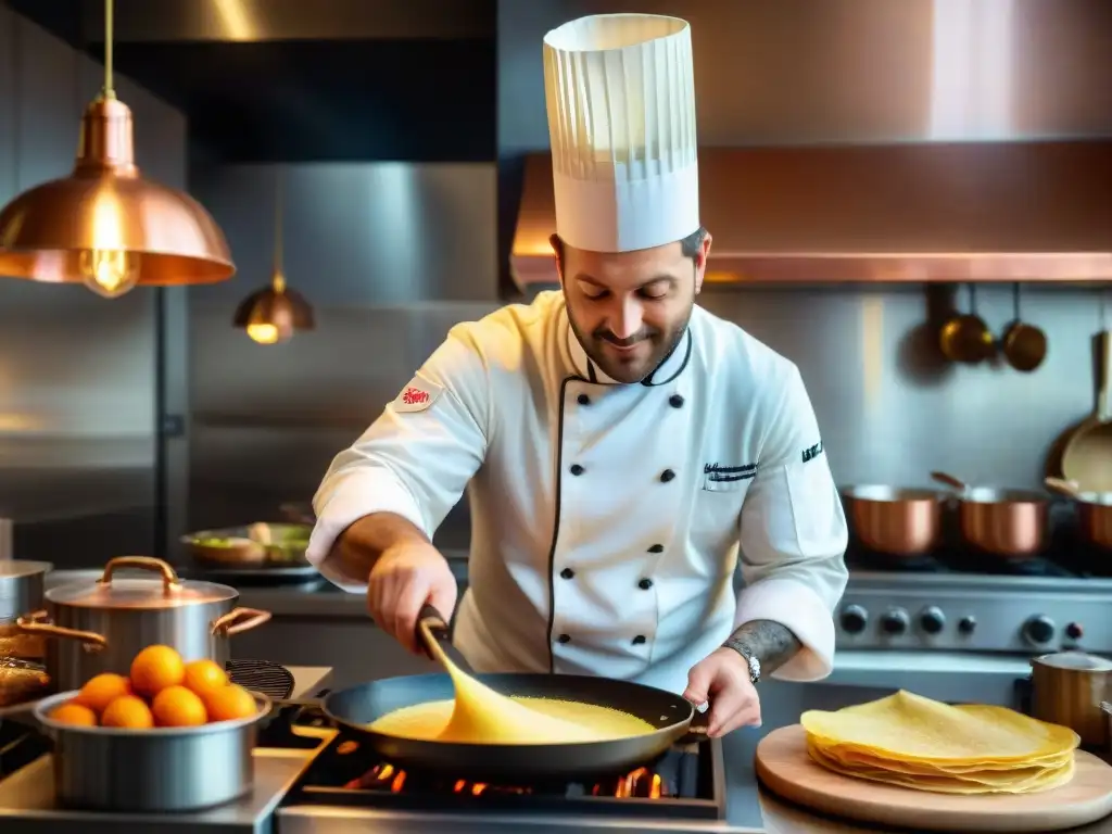 Un chef francés experto voltea una crêpe dorada en una sartén, en una bulliciosa cocina parisina