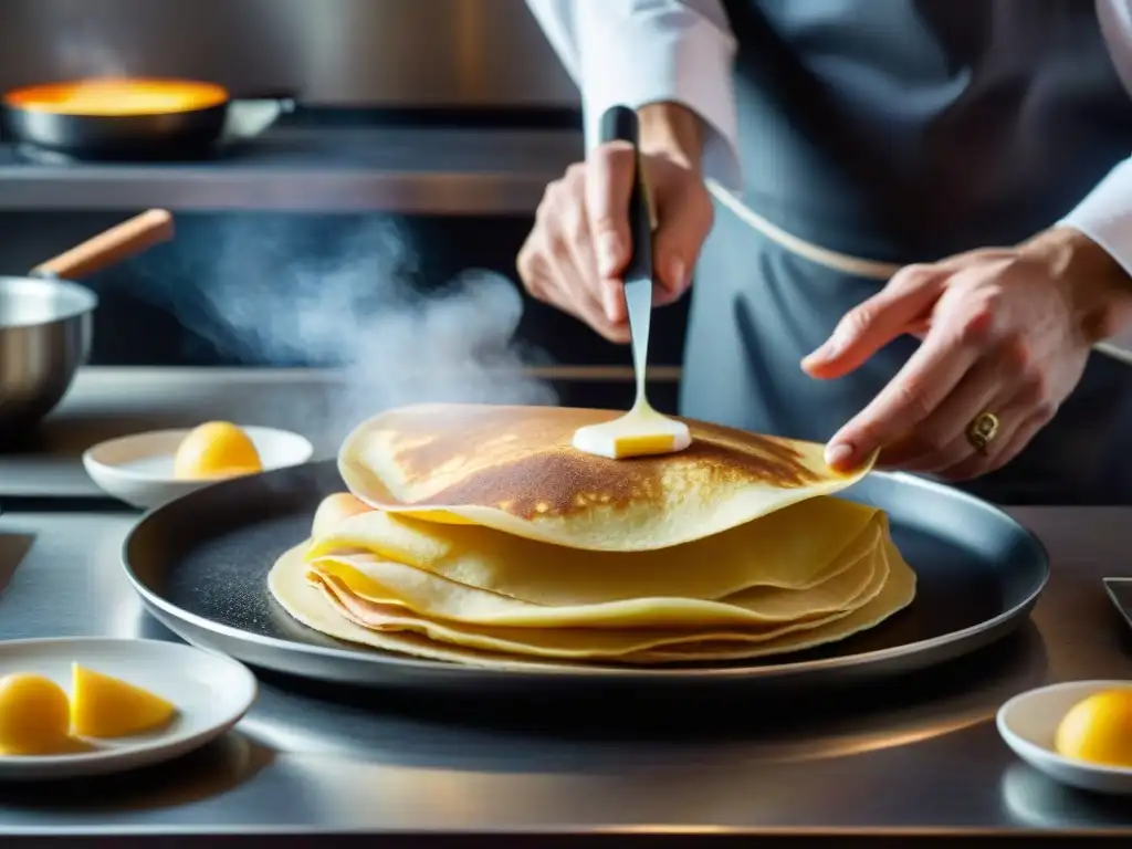 Un chef francés experto preparando una crepe dorada en una sartén caliente