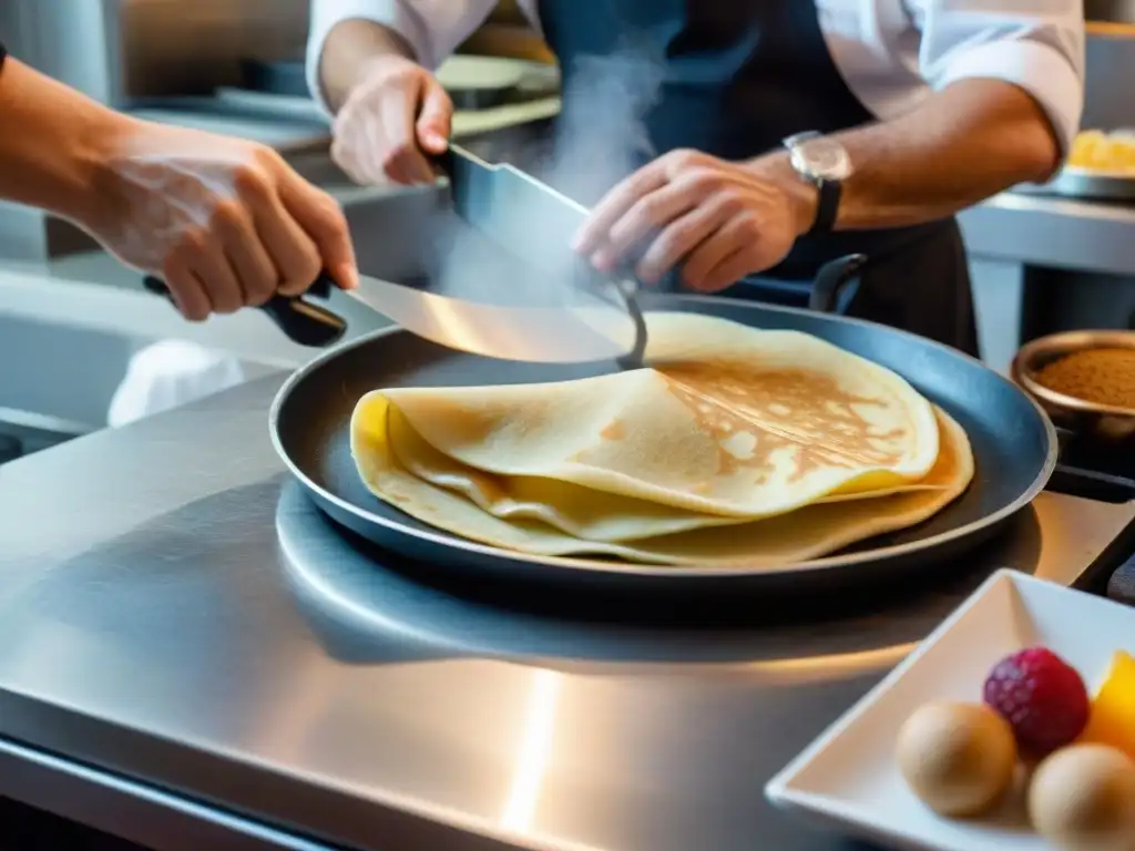 Maestro crepero francés: destreza en acción Un chef francés experto voltea una crepe en una crepera para auténticas crepes francesas, mostrando destreza y precisión en su arte culinario