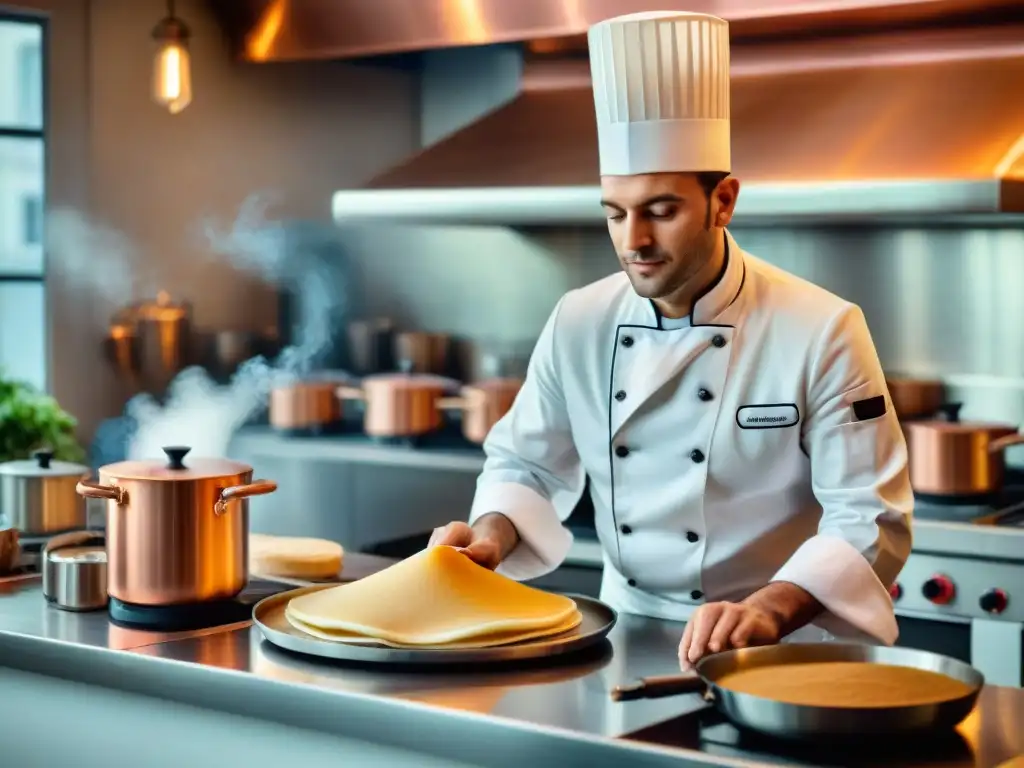 Un chef francés experto en una crepera de alta gama francesa, creando crepes con maestría en una cocina elegante y auténtica