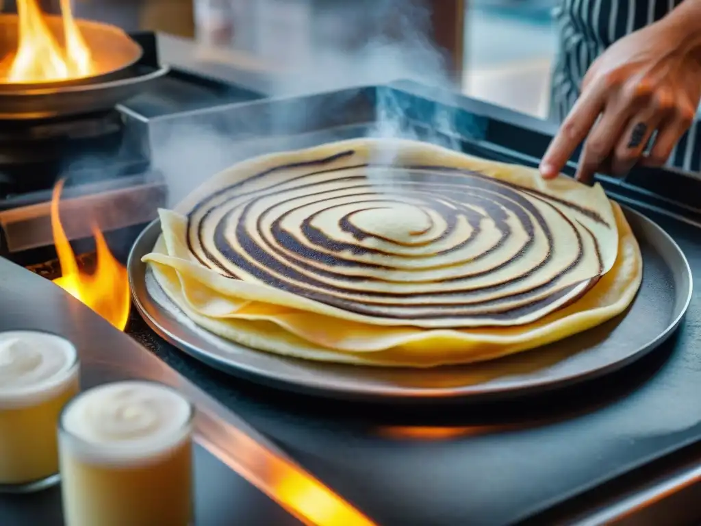 Un chef francés experto en crepes de alta gama, esparciendo con precisión la masa en una crepera caliente, en una animada crepería francesa