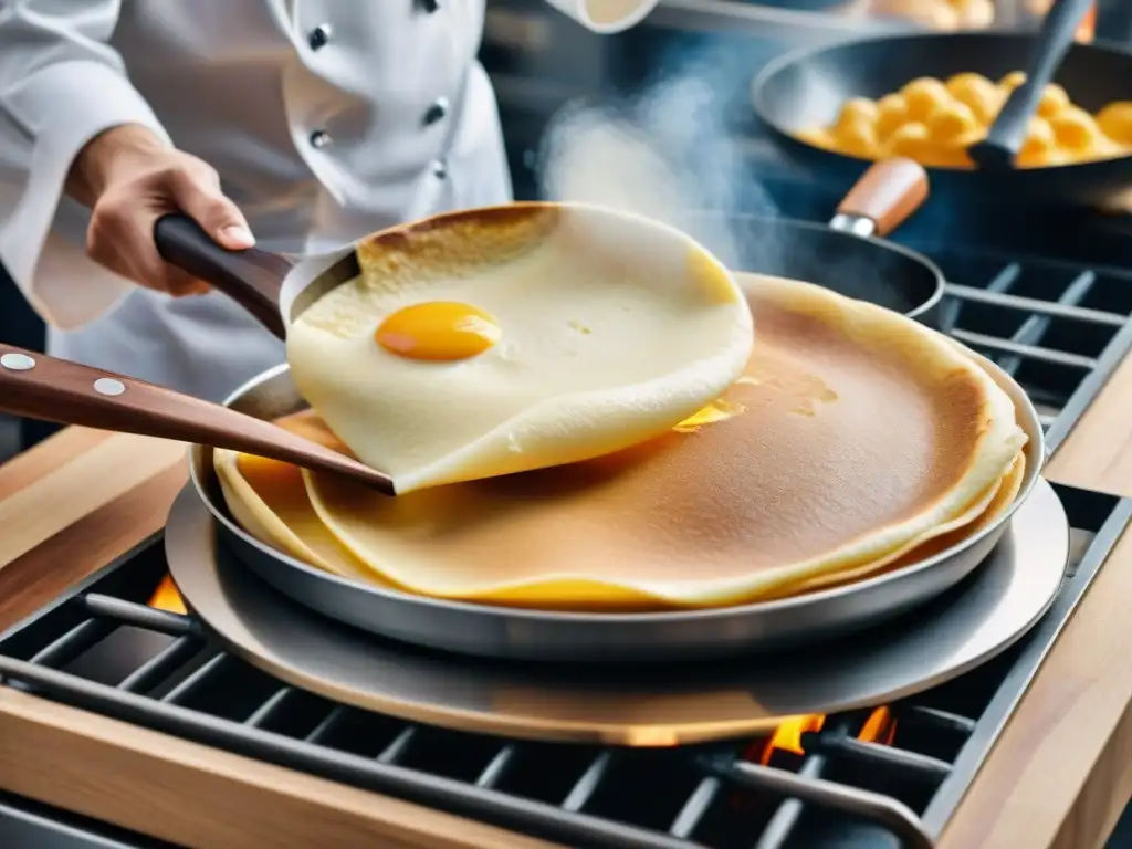 Un chef francés experto en crepes, deslizando la masa con perfección en una sartén caliente