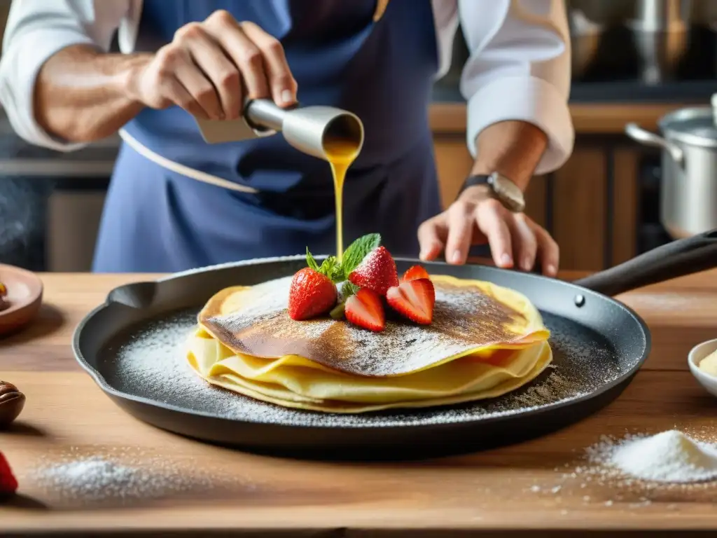 Un chef francés experto preparando crepes con ingredientes tradicionales