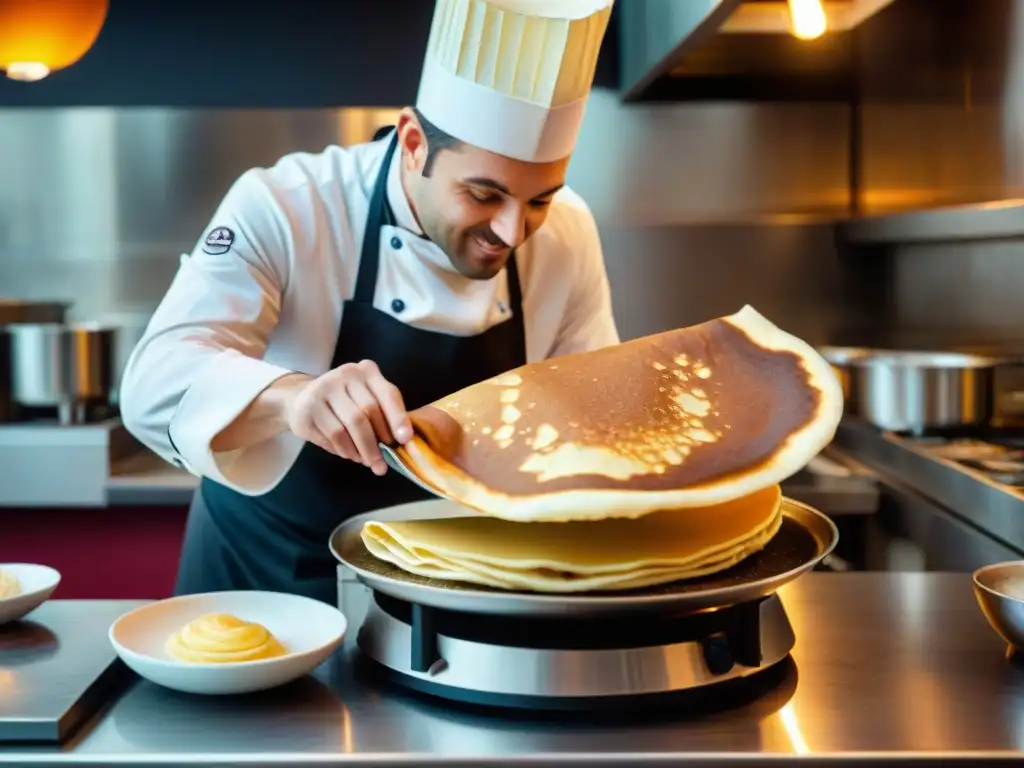 Un chef francés experto en crepes tradicionales volteando una crepe en una sartén, con un ambiente auténtico de crepería francesa