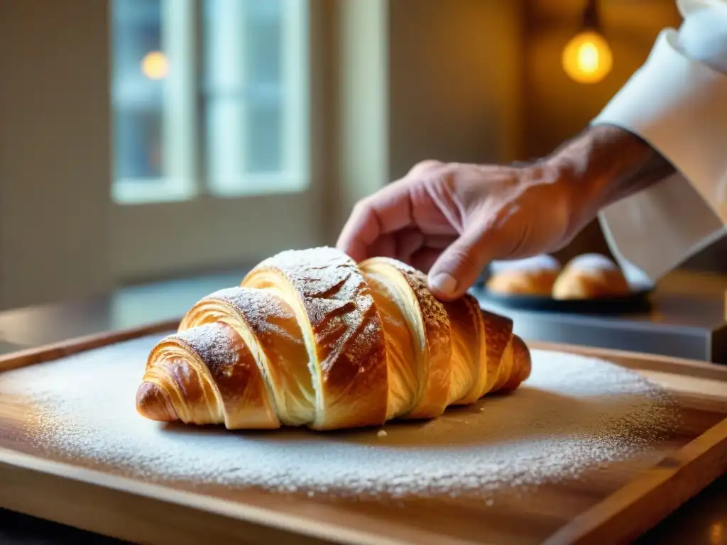 Un chef francés experto moldeando un croissant con delicadeza en una panadería vintage al amanecer, para 'Cursos de cocina francesa online'