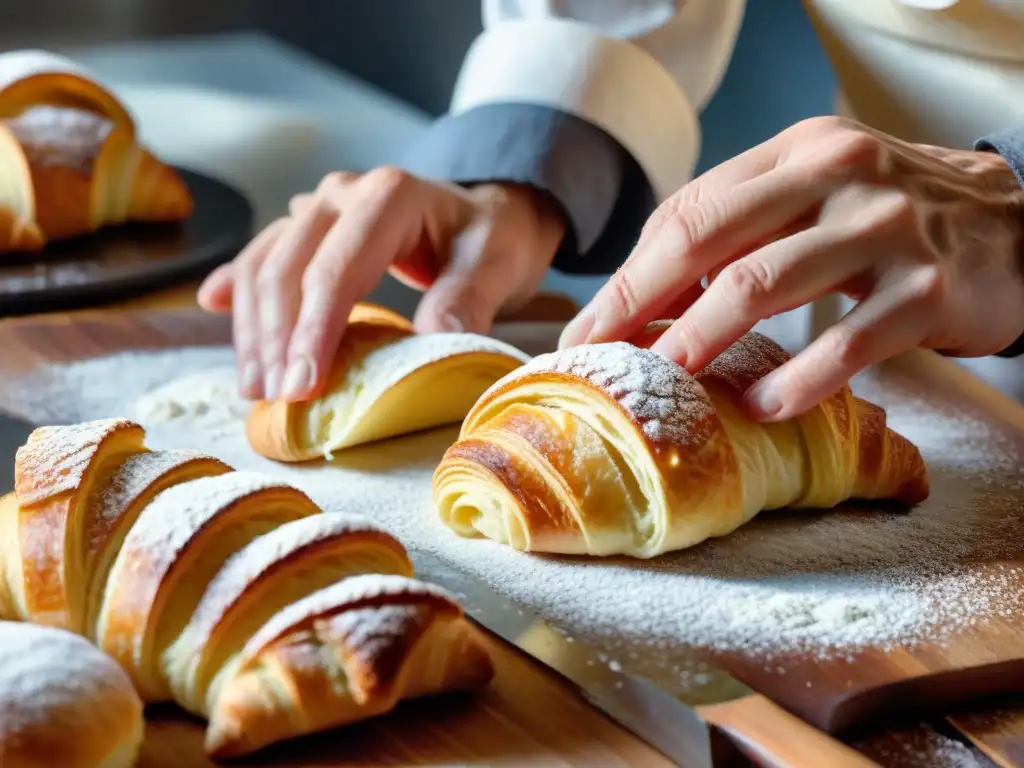 Un chef francés experto moldea cuidadosamente croissants en una superficie de madera, mostrando la precisión de los talleres de cocina francesa