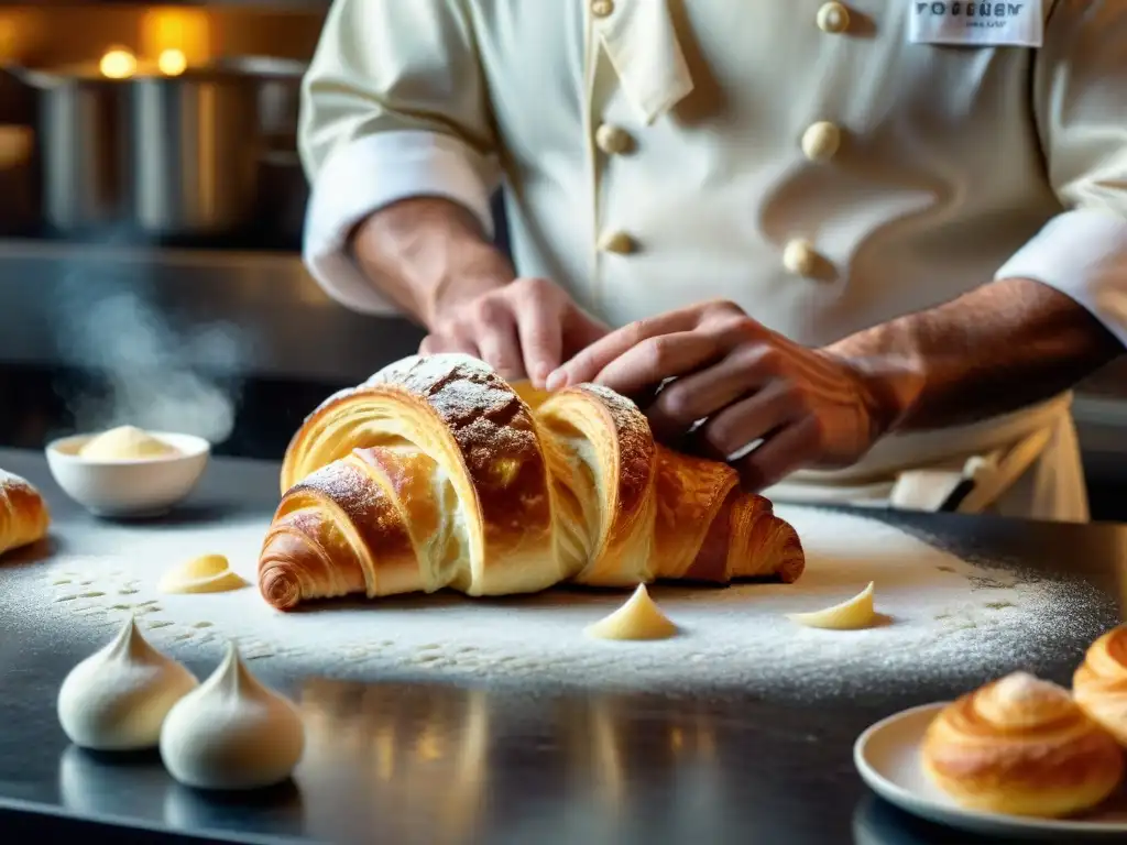 Un chef francés experto elaborando croissants en una panadería parisina