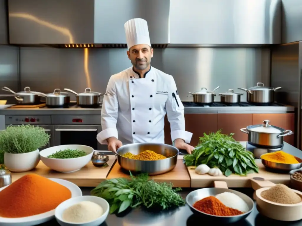 Un chef francés experto fusionando tradición culinaria con ingredientes innovadores en una cocina moderna